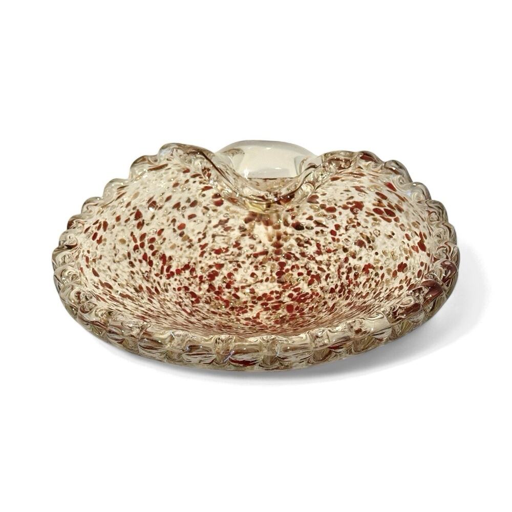 Vintage Murano Art Glass Red White Gold Speckled Dish Bowl Controlled Bubbles